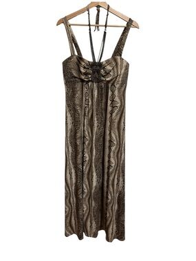 R&M Richards Y2K Snakeskin Beaded Halter Midi Dress Women Size 10 Mobwife Chic